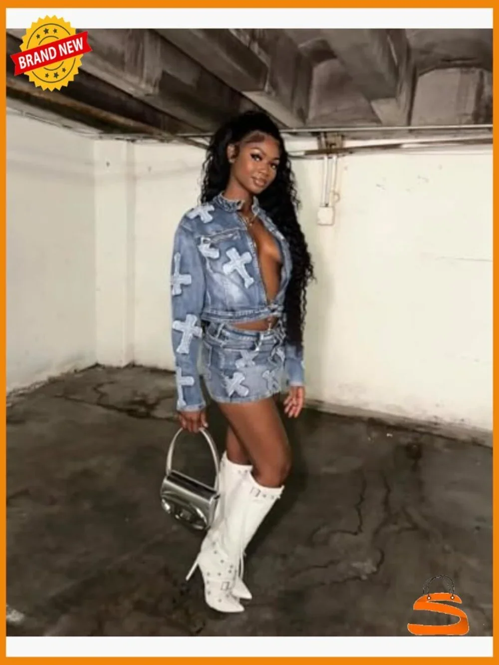 2 Piece Denim Skirt Set Long Sleeve Zip Up Jacket Mini Skirt Bodycon Y2K Outfit